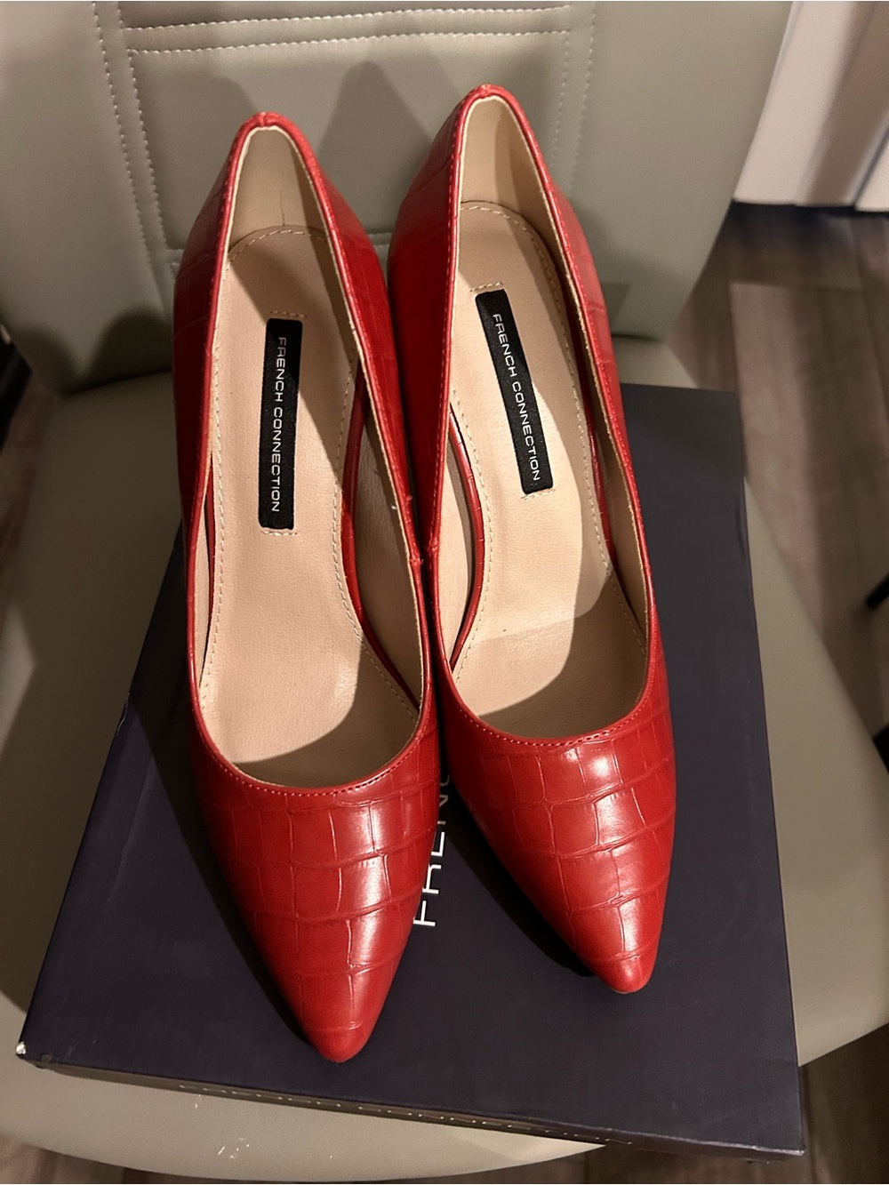 French Connection Red Croc-Embossed Pointed Pumps